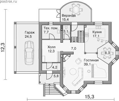 Проект дома I-209-1P - 1-й этаж